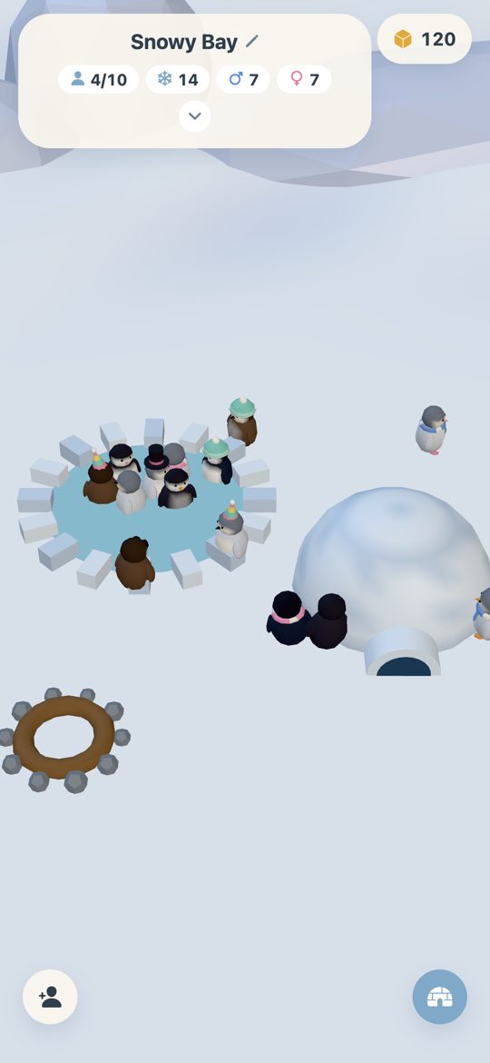 A colony of penguins with an igloo